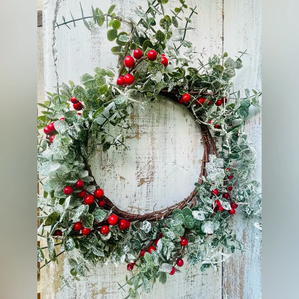*Frosted Eucalyptus Wreath With Red Berries 16”